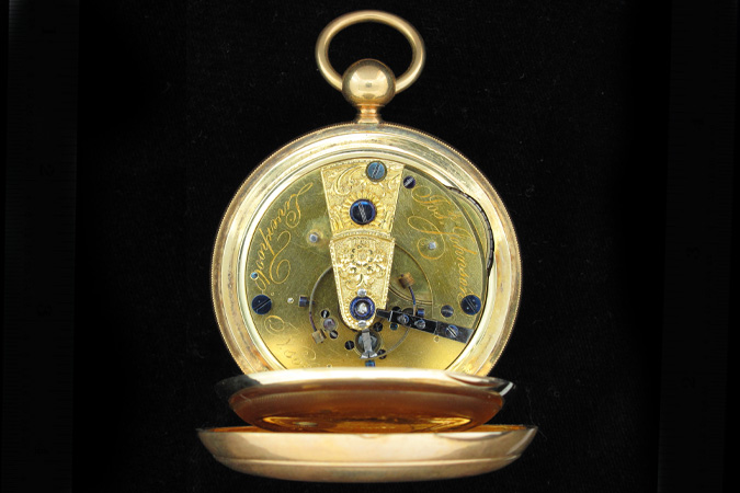 Back inside-case photo of Oliver Hazard Perry's chronometer-opened up. Further engraving revealed.