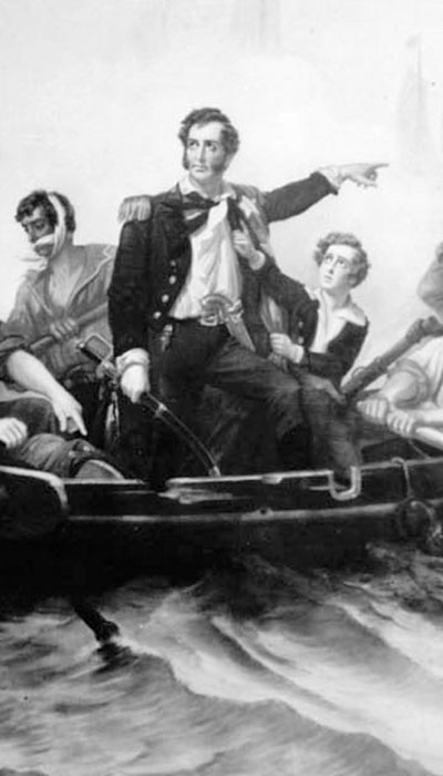 A painting of Oliver Hazard Perry in a small craft commanding his men into battle.